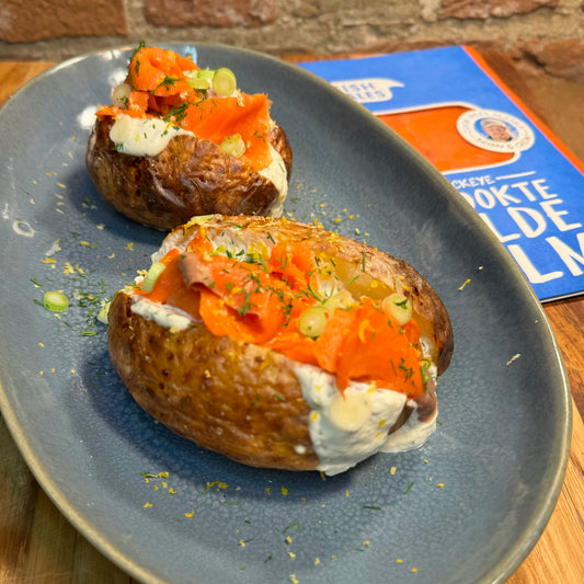 Baked potato with cream cheese and salmon