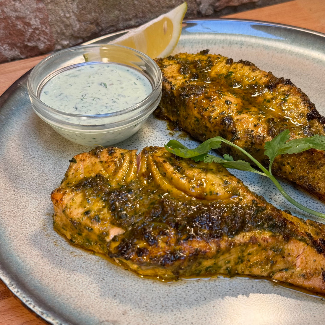 Peruvian style salmon with green sauce