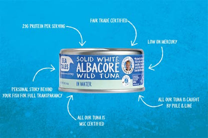Sea Tales Solid White Albacore Canned Tuna in Water - 100% Pole & Line Wild Sustainably Caught - Gluten Free - High Protein Food - Keto Friendly - 5 oz. Cans (Pack of 12)