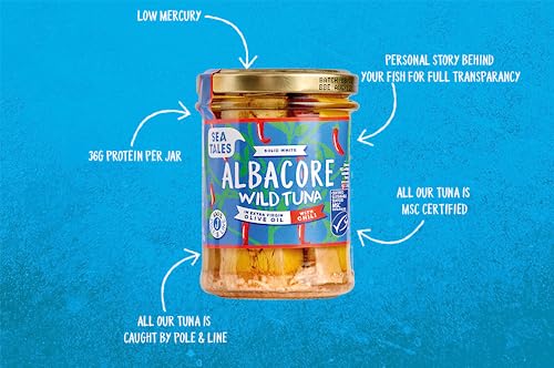 Sea Tales Albacore Fillets in Extra Virgin Olive Oil with Chili in Jar - 100% Pole & Line Wild Sustainably Caught - High Protein Food - Keto Friendly - 7 oz. Jars (Pack of 6)