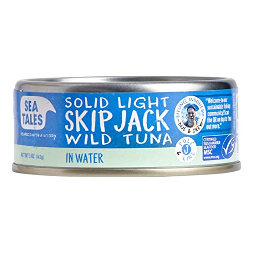 Sea Tales Solid Light Skipjack Canned Tuna in Water - 100% Pole & Line Wild Sustainably Caught - Fair Trade Certified - High Protein Food - Keto Friendly - 5 oz. Cans (Pack of 12)