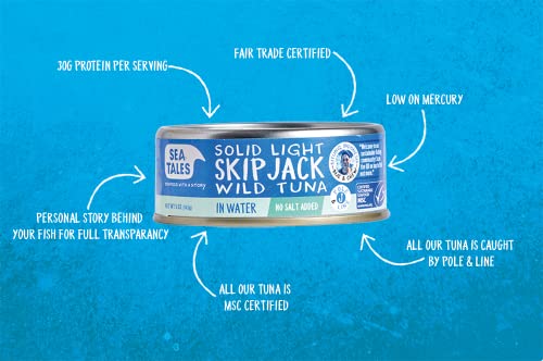 Sea Tales Solid Light Skipjack Canned Tuna in Water - No Salt Added - 100% Pole & Line Wild Sustainably Caught - BPA Free - High Protein Food - Keto Friendly - 5 oz. Cans (Pack of 12)