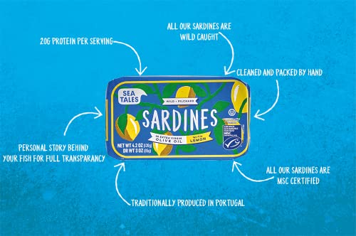 Sea Tales Pilchard Sardines in Extra Virgin Olive Oil with Lemon - Gluten Free - MSC Certified Sustainably Wild Caught Non-GMO Seafood - 4.2 oz tray (pack of 12)