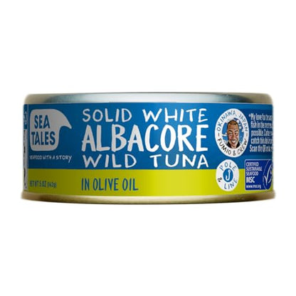 Sea Tales Solid White Albacore Canned Tuna in Olive Oil - 100% Pole & Line Wild Sustainably Caught - Gluten Free - High Protein Food - Keto Friendly - 5 oz. Cans (Pack of 12)