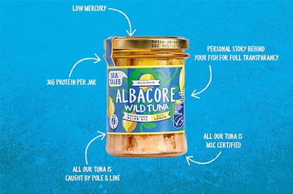 Sea Tales Albacore Fillets in Extra Virgin Olive Oil with Lemon in Jar - 100% Pole & Line Wild Sustainably Caught - High Protein Food - Keto Friendly - 7 oz. Jars (Pack of 6)