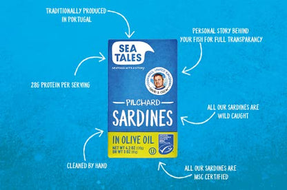 Sea Tales Pilchard Sardines in Olive Oil - Gluten Free - MSC Certified Sustainably Wild Caught Non-GMO Seafood - 4.2 oz tray (pack of 12)