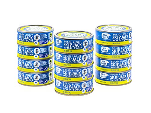 Sea Tales Solid Light Skipjack Canned Tuna in Olive Oil - 100% Pole & Line Wild Sustainably Caught - Fair Trade Certified - High Protein Food - Keto Friendly - 5 oz. Cans (Pack of 12)
