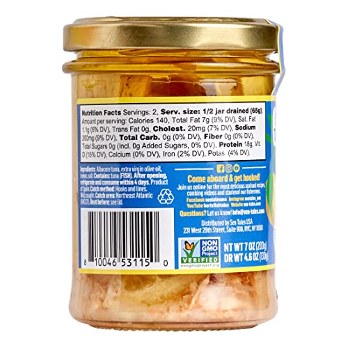 Sea Tales Albacore Fillets in Extra Virgin Olive Oil with Lemon in Jar - 100% Pole & Line Wild Sustainably Caught - High Protein Food - Keto Friendly - 7 oz. Jars (Pack of 6)