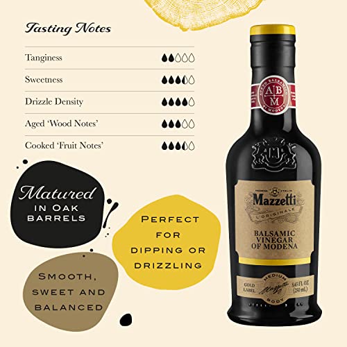 Mazzetti Balsamic Vinegar of Modena Gold Label PGI |Smooth & Balanced | Perfect for Dipping | Matured in Oak Barrels | 8.45 Ounce Bottle