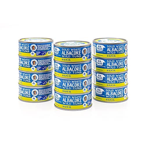 Sea Tales Solid White Albacore Canned Tuna in Olive Oil - 100% Pole & Line Wild Sustainably Caught - Gluten Free - High Protein Food - Keto Friendly - 5 oz. Cans (Pack of 12)