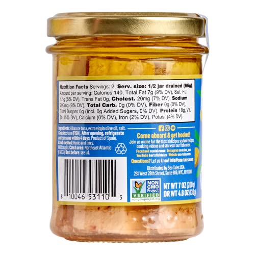 Sea Tales Albacore Fillets in Extra Virgin Olive Oil in Jar - 100% Pole & Line Wild Sustainably Caught - High Protein Food - Keto Friendly - 7 oz. Jars (Pack of 6)