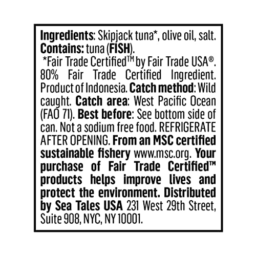 Sea Tales Solid Light Skipjack Canned Tuna in Olive Oil - 100% Pole & Line Wild Sustainably Caught - Fair Trade Certified - High Protein Food - Keto Friendly - 5 oz. Cans (Pack of 12)