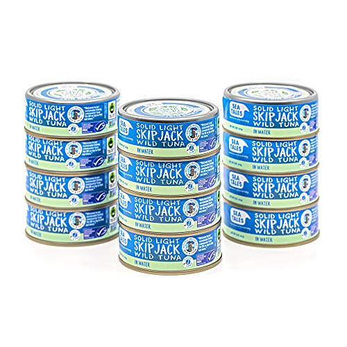 Sea Tales Solid Light Skipjack Canned Tuna in Water - 100% Pole & Line Wild Sustainably Caught - Fair Trade Certified - High Protein Food - Keto Friendly - 5 oz. Cans (Pack of 12)